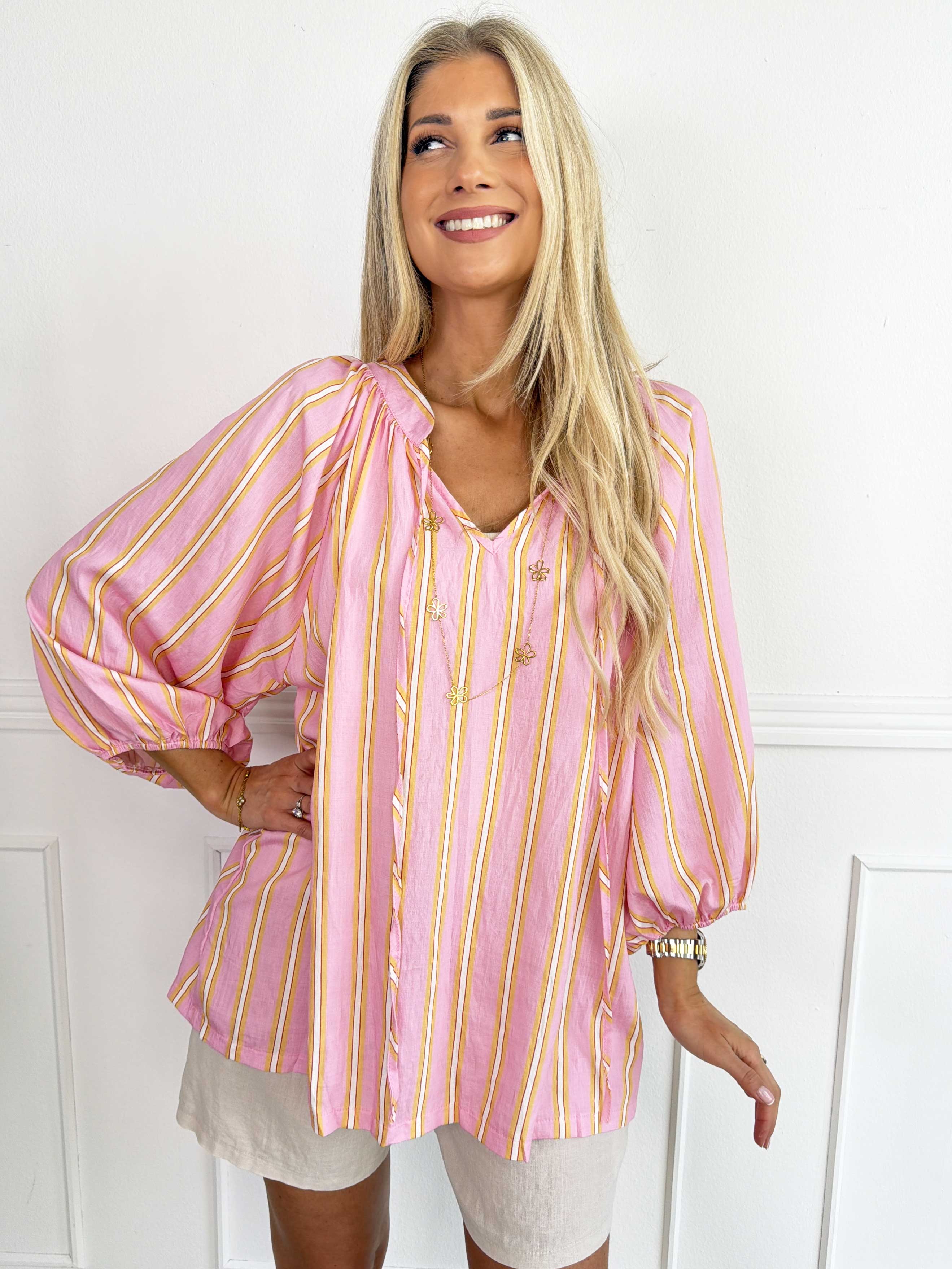 Amidala Shirt - Stribet plus size tunika i let viskoseblanding med smukke ballonærmer